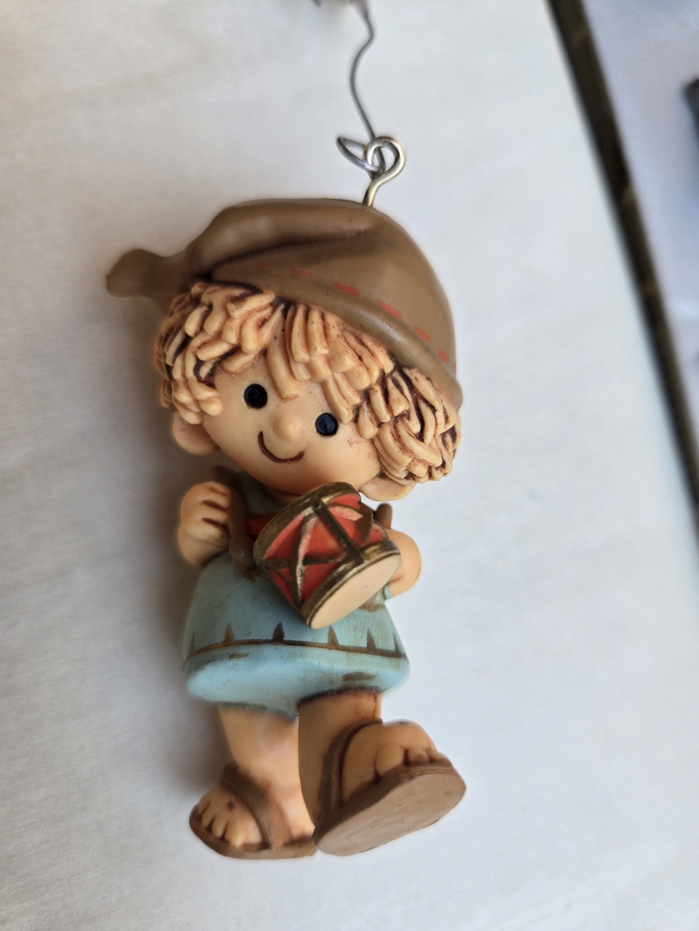 Cute Boy Figurine Ornament in Tan, Peach, Red & Light Blue Hallmark 1980